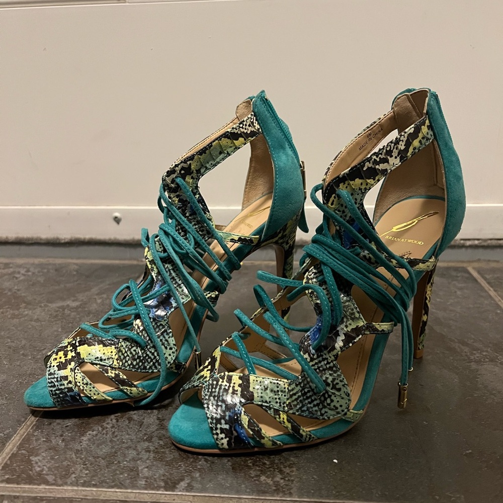 Brian Atwood Teal and Snake Print Heels